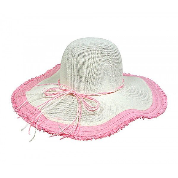 Straw Big Rim Hats - Paper Straw w/ Fringe Trim - Pink - HT-ST299PK